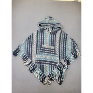 Kathmandu Imports Poncho Hooded Baja One Size Blue Teal Striped Fringe